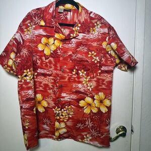 Maui Trading Company Men's Cotton Tropical Hawaiian Camp Shirt Size Large Red